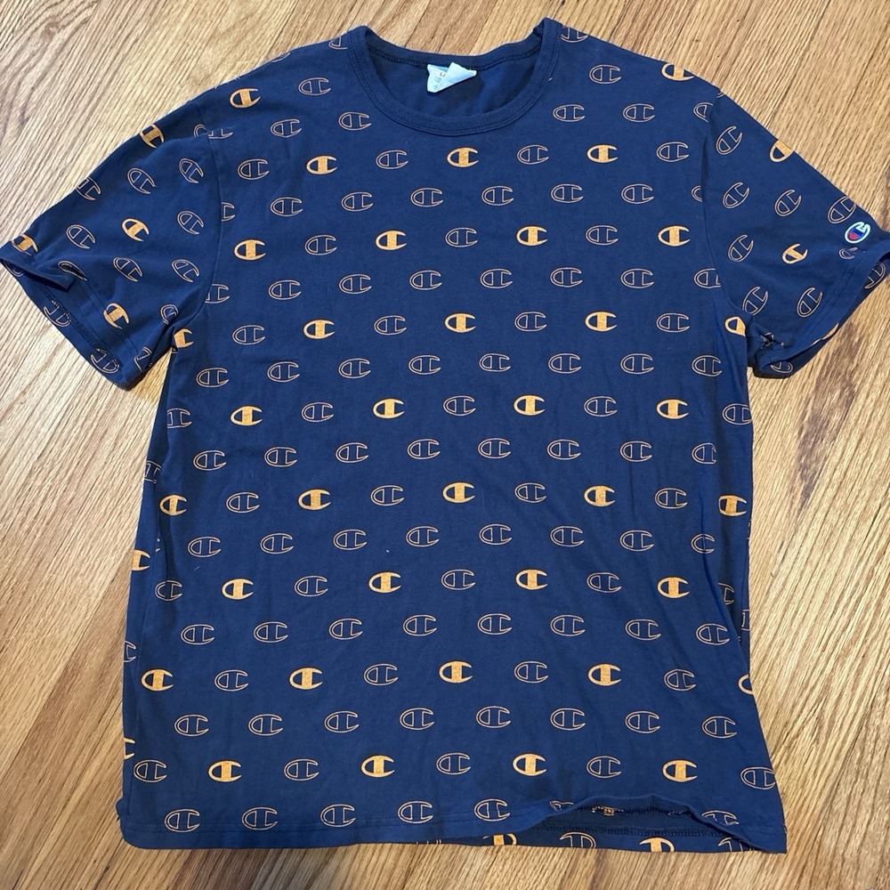 CHAMPION 90s Branded All Over LOGO T-Shirt Large Blue Orange